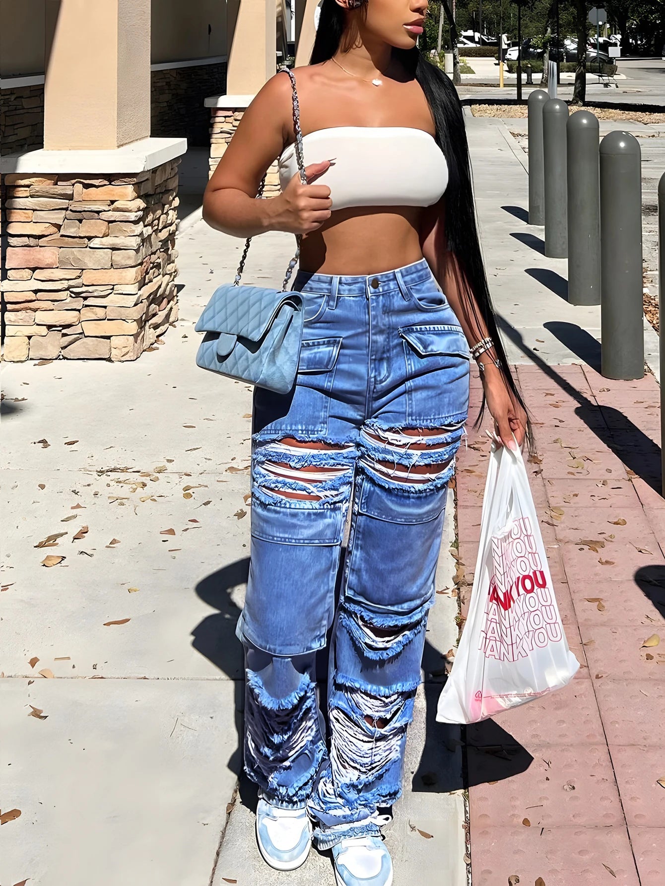 Women Straight Leg Ripped Jeans Fashion Flap Pocket Baggy Pants Vintage Street Hip-Hop Denim Trousers Mujer blue