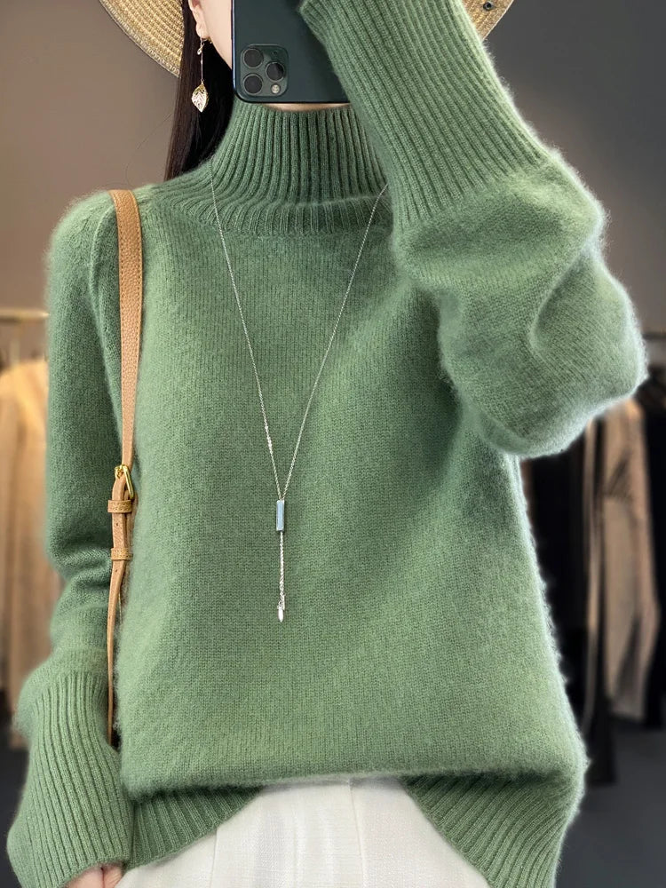 Women Turtleneck Sweater Autumn Winter Basic Pullover 100% Merino Wool Long Sleeves Cashmere Knitted Jumper Female Clothing Tops Turquoise