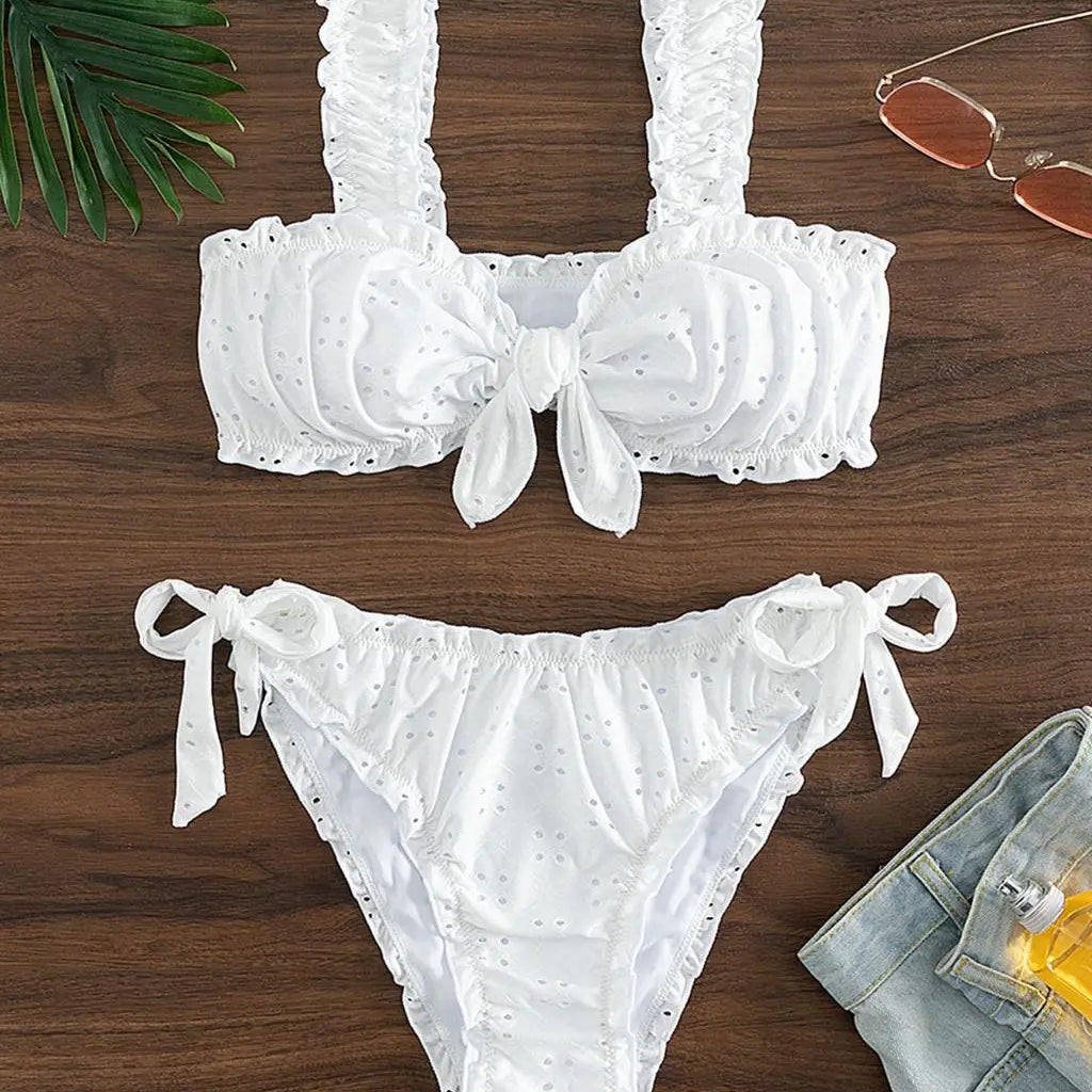 Schiffy Knot Front Tie Side Bikinis White Swimsuit Women Swimwear Female Sexy Bathers Bathing Swimming Swim Suit Beachwear White