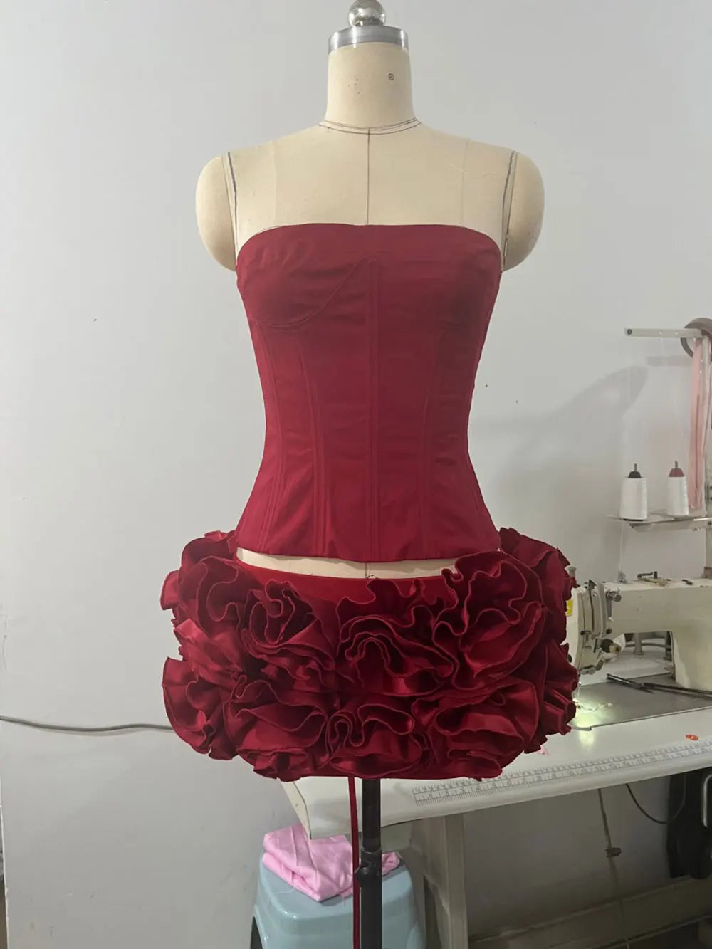 2024 Sexy Women'S Floral Mini Skirt Set Strapless Sleeveless Fishbone Backless Drawstring Vest+Mini Skirt Two-Piece Set