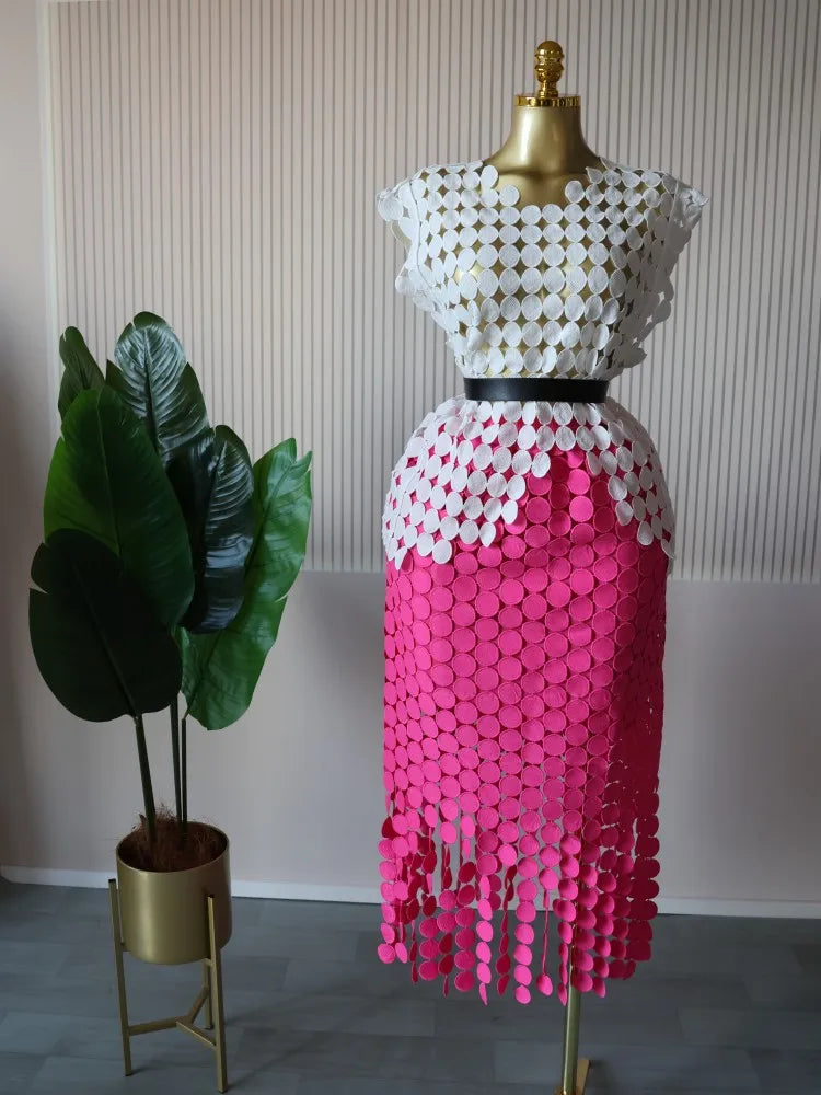 CM.YAYA Women Cutout O-neck Crop Top and Bodycon Midi Slim Maxi Long Skirt Suit 2025 Summer Vacation Sexy Two 2Piece Set Outfits white-Rose red--belt One Size