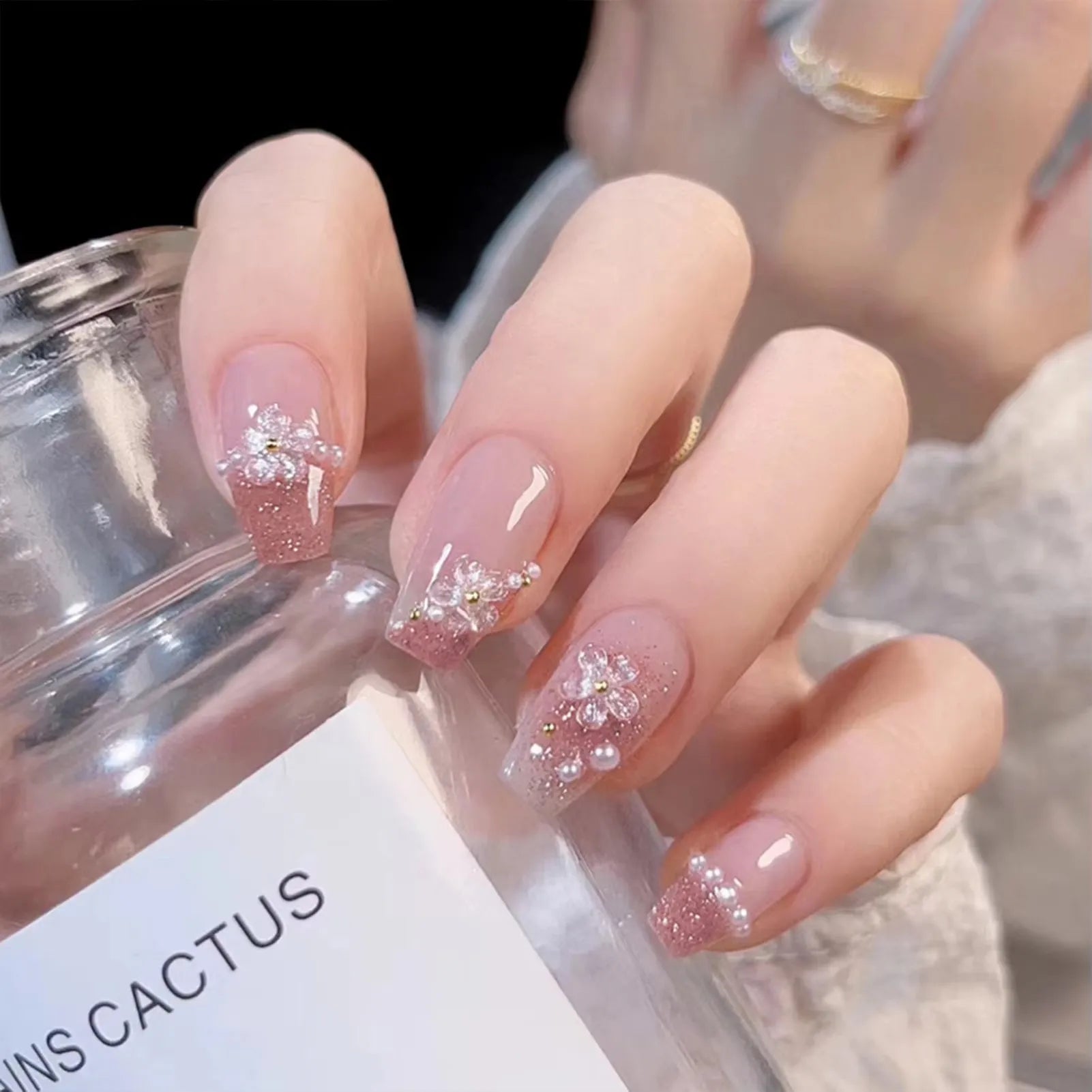 24Pcs Red Fake Nails with 3D White Flower Design Mid Length Coffin Press on Nails Wearable Korean Sweet Flower False Nails