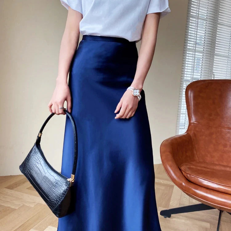 High Waisted Satin Long Skirts for Women Spring/Summer New Women's Skirt A-line Fashion Elegant Slim Fit Grey Black Skirt blue