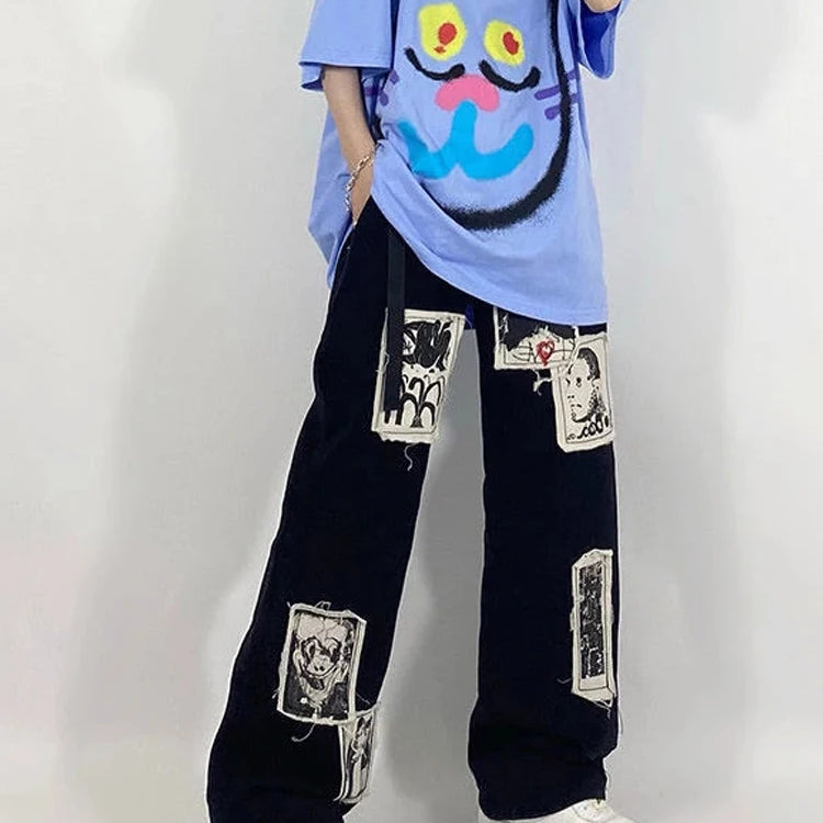 Grunge Punk Patchwork Black Jeans Women Hip Hop Streetwear Print Oversize Wide Leg Trousers 90s Vintage Fashion Pants