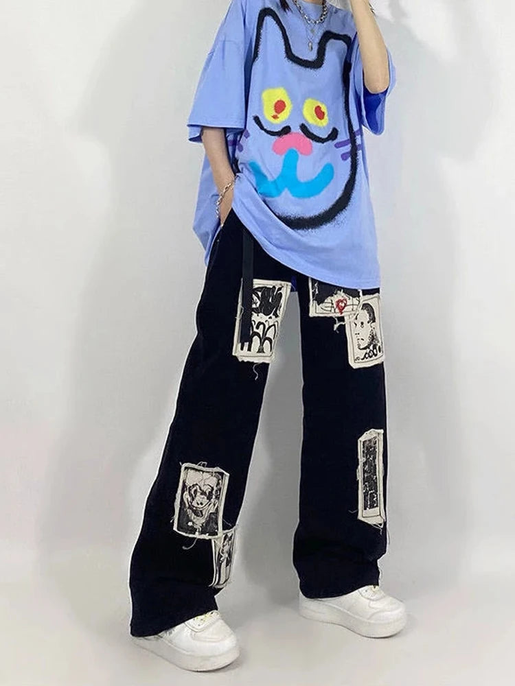 Grunge Punk Patchwork Black Jeans Women Hip Hop Streetwear Print Oversize Wide Leg Trousers 90s Vintage Fashion Pants