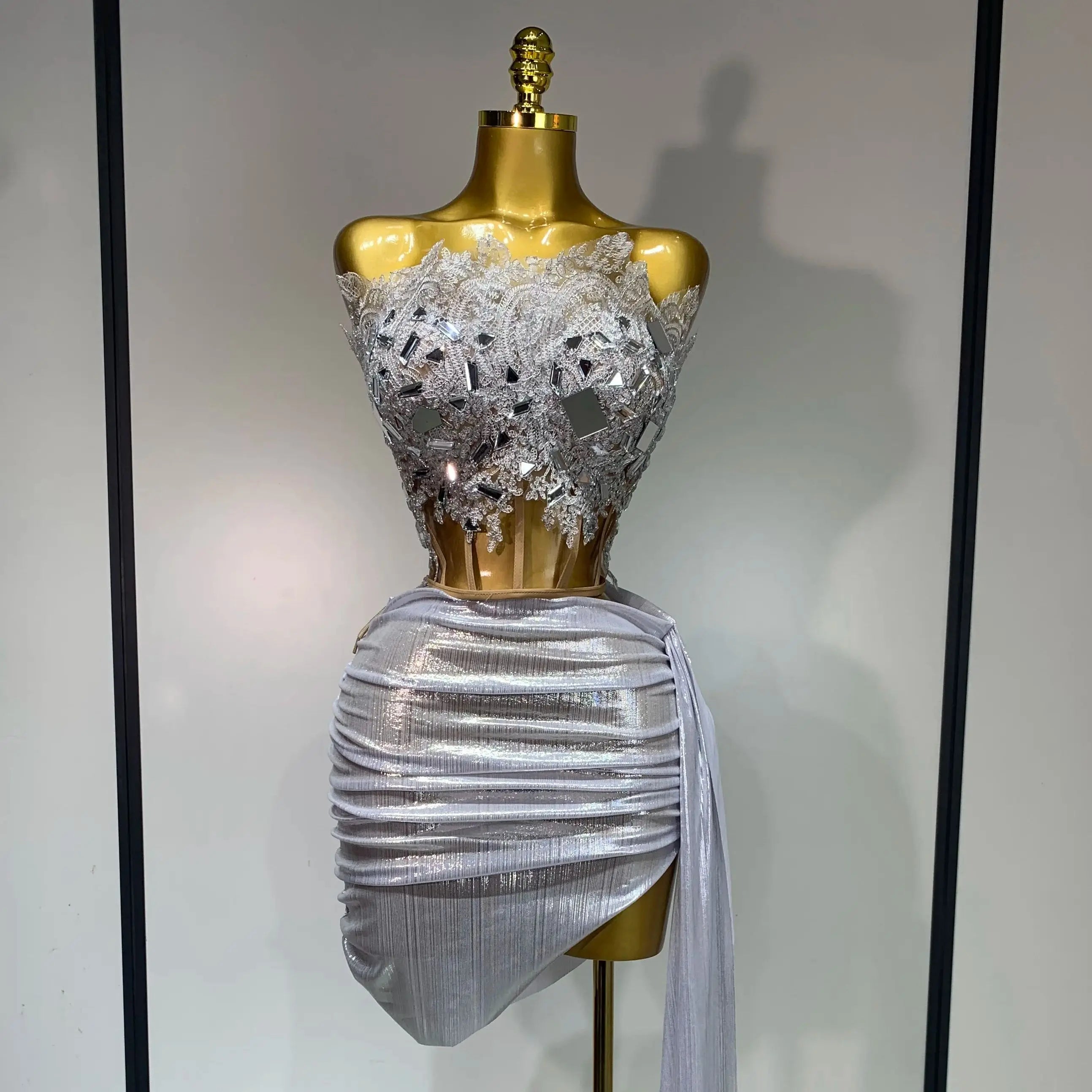 Women Birthday Party Rhinestones Tassels Transparent Short Dress Dance Show 2025 Sexy Fashion Gold Sparkly Stage Costume