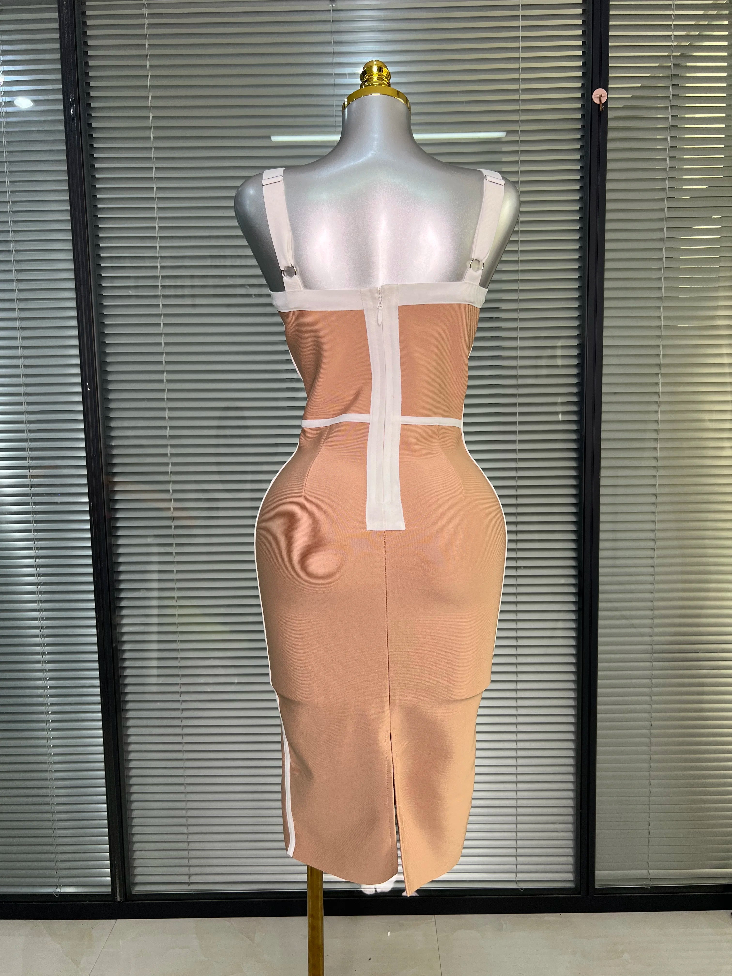 Summer New 2025 Women Sexy Beige Patchwork Midi Bodycon Bandage Dress Knitted Evening Party Dress Vestido