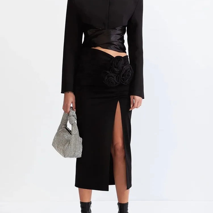 TWOTWINSTYLE Chic Two Piece Set For Women Round Neck Long Sleeve Top High Waist Spliced Appliques Skirt Elegant Sets Female New