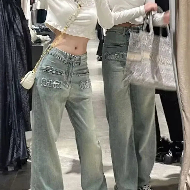 Y2K American Retro Gothic Wide Legged New Worn Out Washed Loose Slim Straight Floor Dragging Jeans Blue