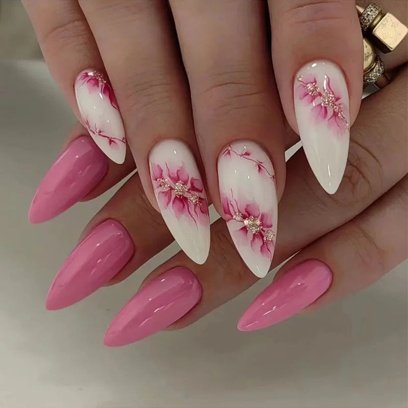 24pcs/set short Medium quare Glossy Ballerina Fake Nails jellyfish blue sea wave flowers geometric design press on false nails