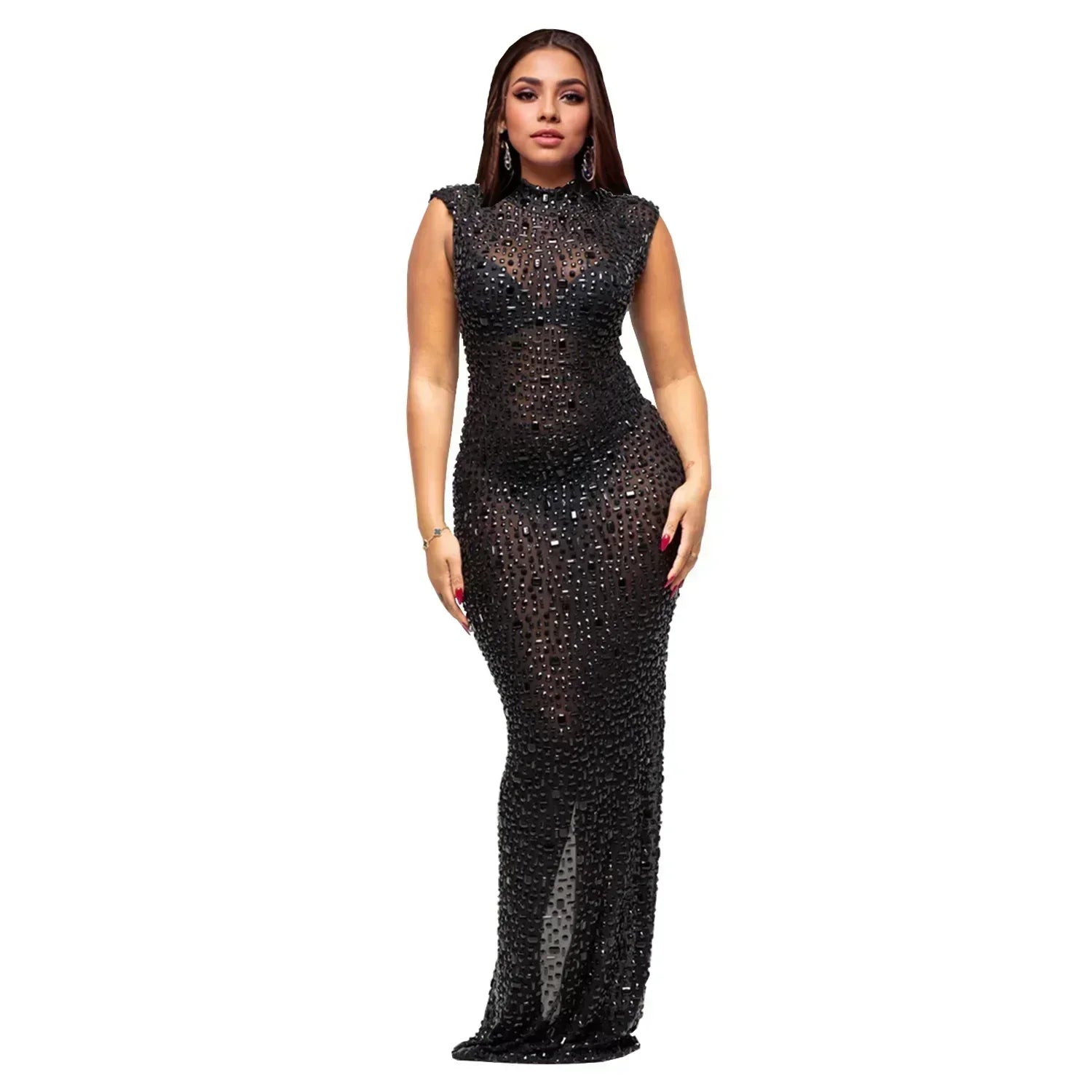 CM.YAYA 2024 Fall Diamonds Hot Rhinestones O-neck Women Sleeveless Bodycon Long Dress Birthday Party Evening Prom Maxi Dresses Black