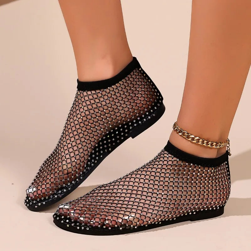Women's Sandals Summer New Luxury Flip Flops Brand Round Toe Flat Bottom Hollow Short Boots Water Diamond Sexy Elegant Shoes