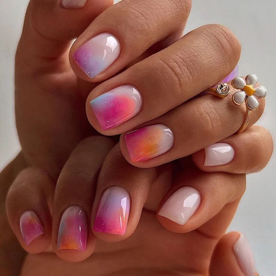 24pcs/set Short medium long fake nails colorful gradient Y2K sunset heart leopard print square ballet tips press on false nail