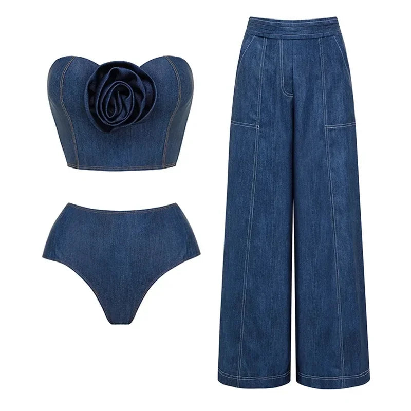 New Off Shoulder 3D Flower denim printed One piece Swimsuit set Shiny Women Swimwear Beachwear bikinis bathingsuit bikini and pants