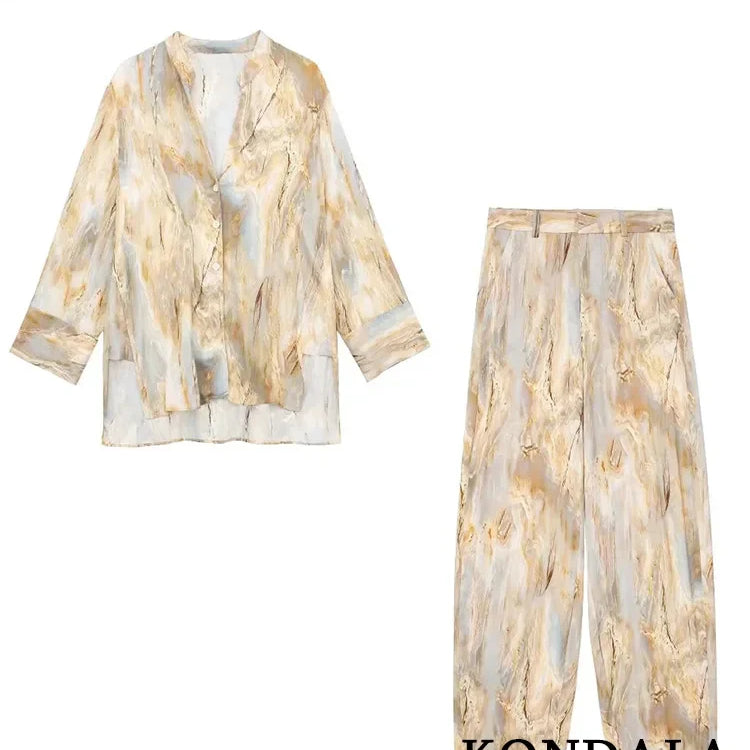 KONDALA Vintage Tie Dye Print Women Suit V-Neck Long Sleeve V Neck Shirts+High Waist Straight Loose Pants Fashion Sets