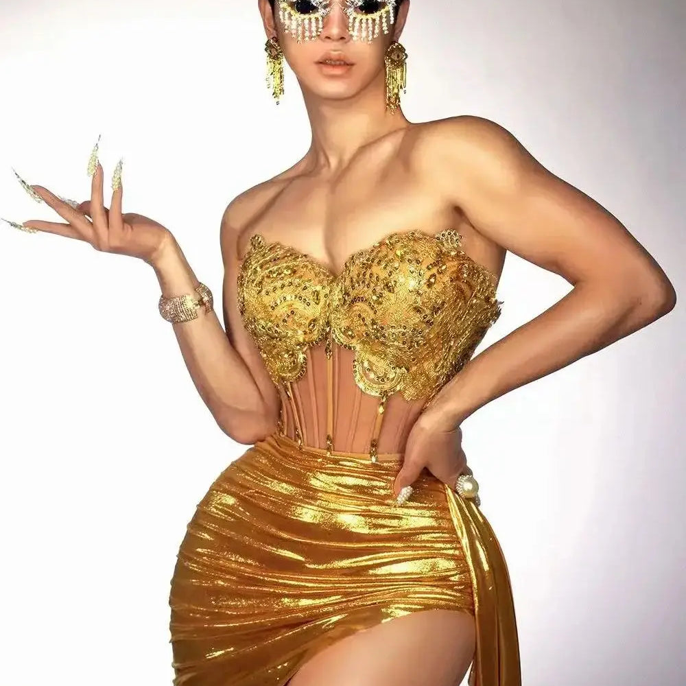 Stock Women Strapless Backless Gold Ruched Mini Skirt Set Birthday Party Costume Bar Nightclub Stage Performance Clothing