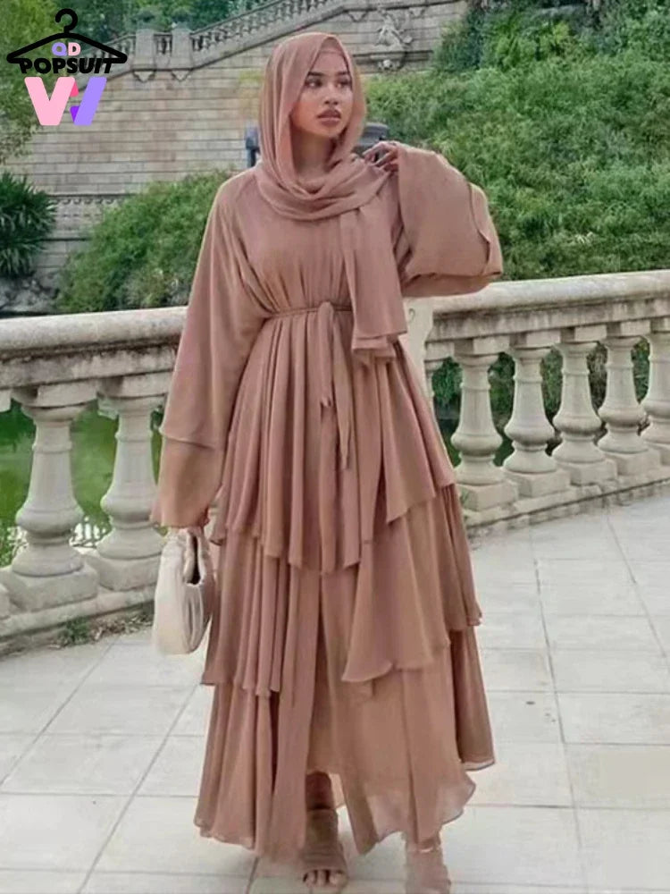 New In Women Abaya NO SCRARF(Encrypted Chiffon)Elegant Muslim Stitching Three Layer Abaya Ruffle Sleeves Cardigan Marocain Dress