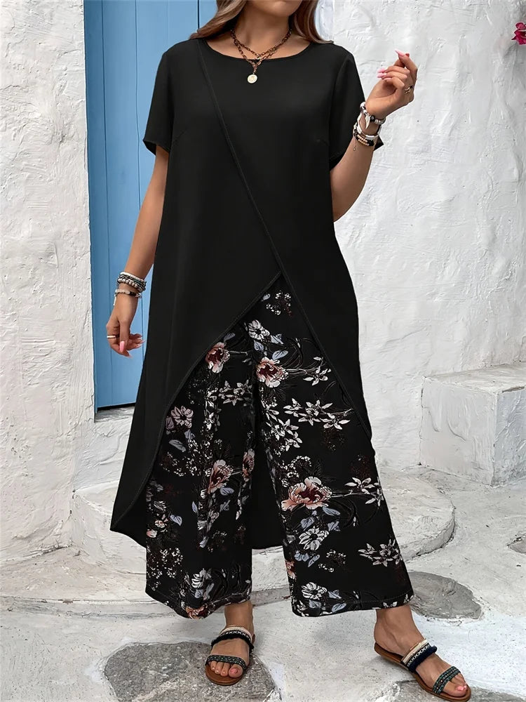 Wmstar Plus Size Two Piece Sets Women Wholesale Long Top and Print Wide Leg Summer Matching Suit Fashion Street Wear 2025