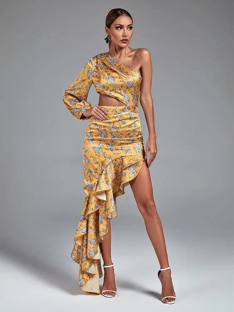 Floral Print Long Dress Women Luxury Evening Party Dress Elegant Ruffle Sexy One Shoulder Birthday Club Outfits Summer 2023