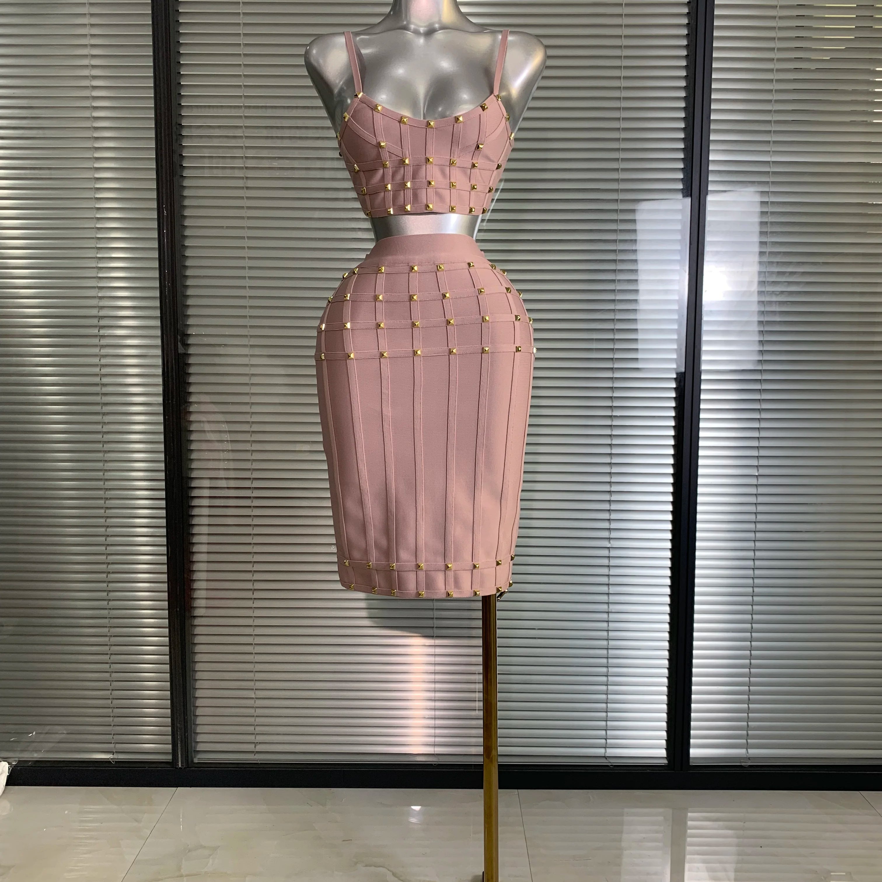 Summer New 2025 Women Sexy Pink Rivet Bandage Two Piece Set Celebrity Evening Party Skirt Suits