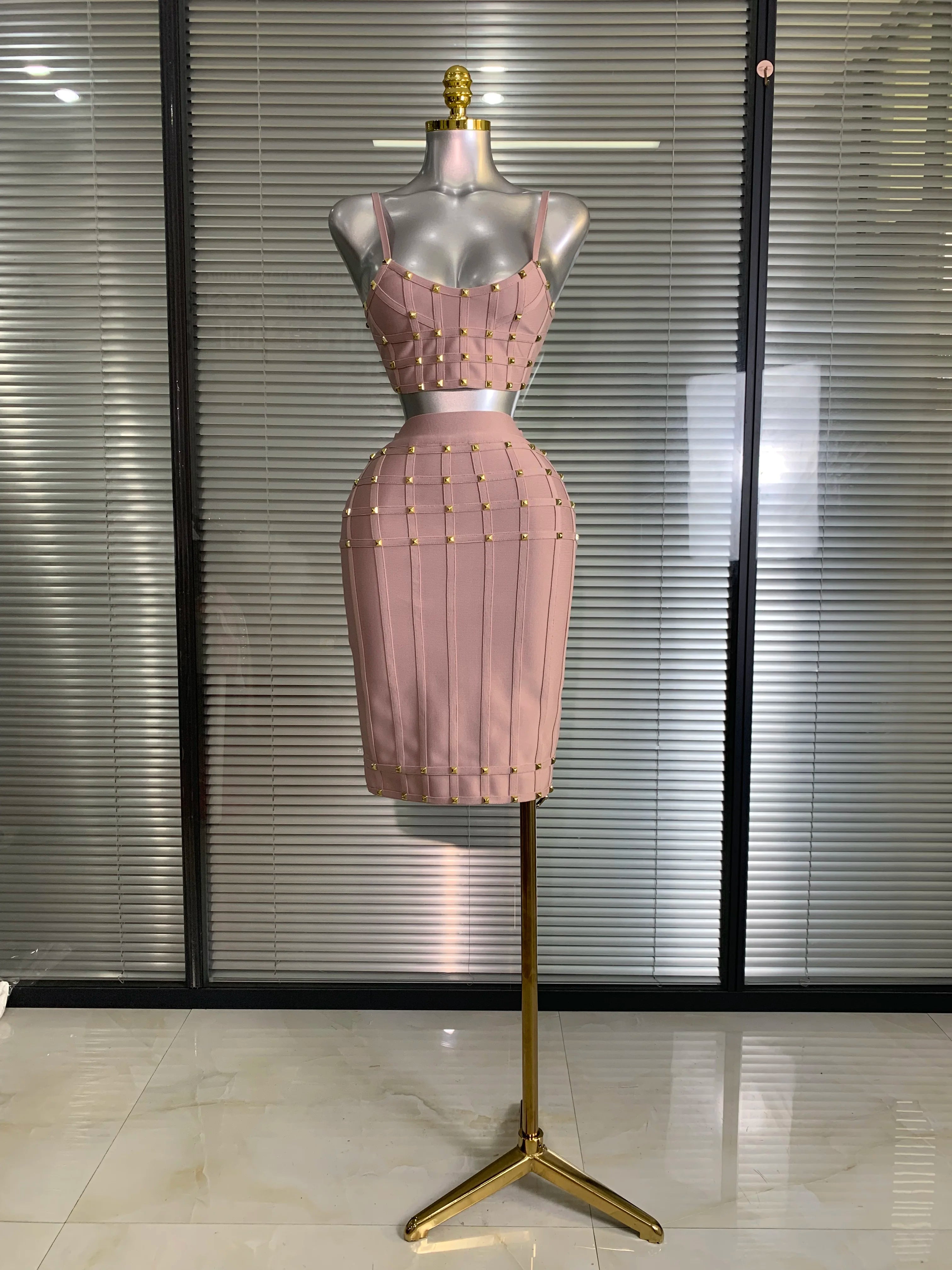 Summer New 2025 Women Sexy Pink Rivet Bandage Two Piece Set Celebrity Evening Party Skirt Suits