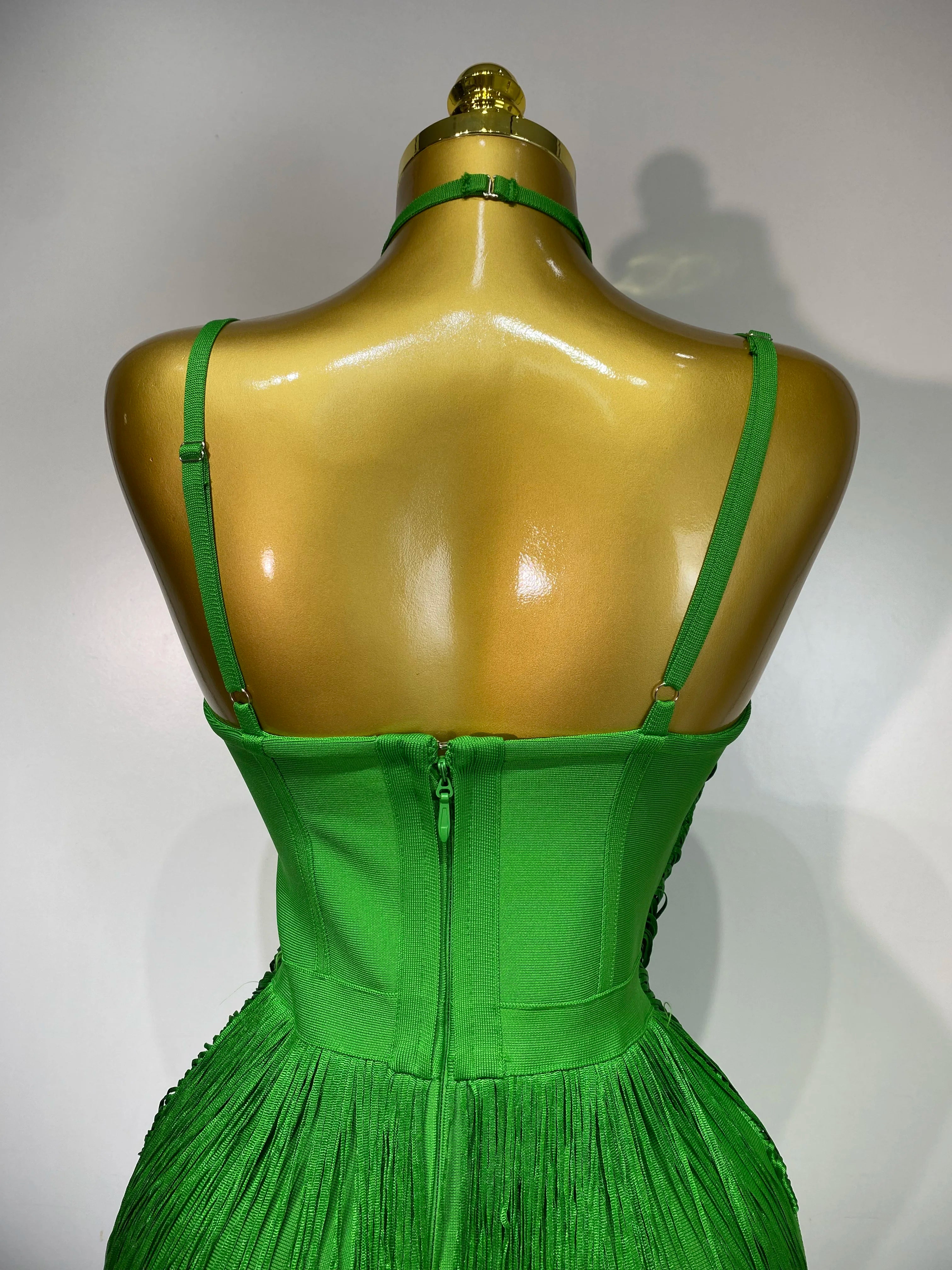 Women Sexy Backless Tassel Green Ankle Bodycon Bandage Dress 2025 Celebrity Elegant Evening Club  Luxury Birthday Party Outfit 