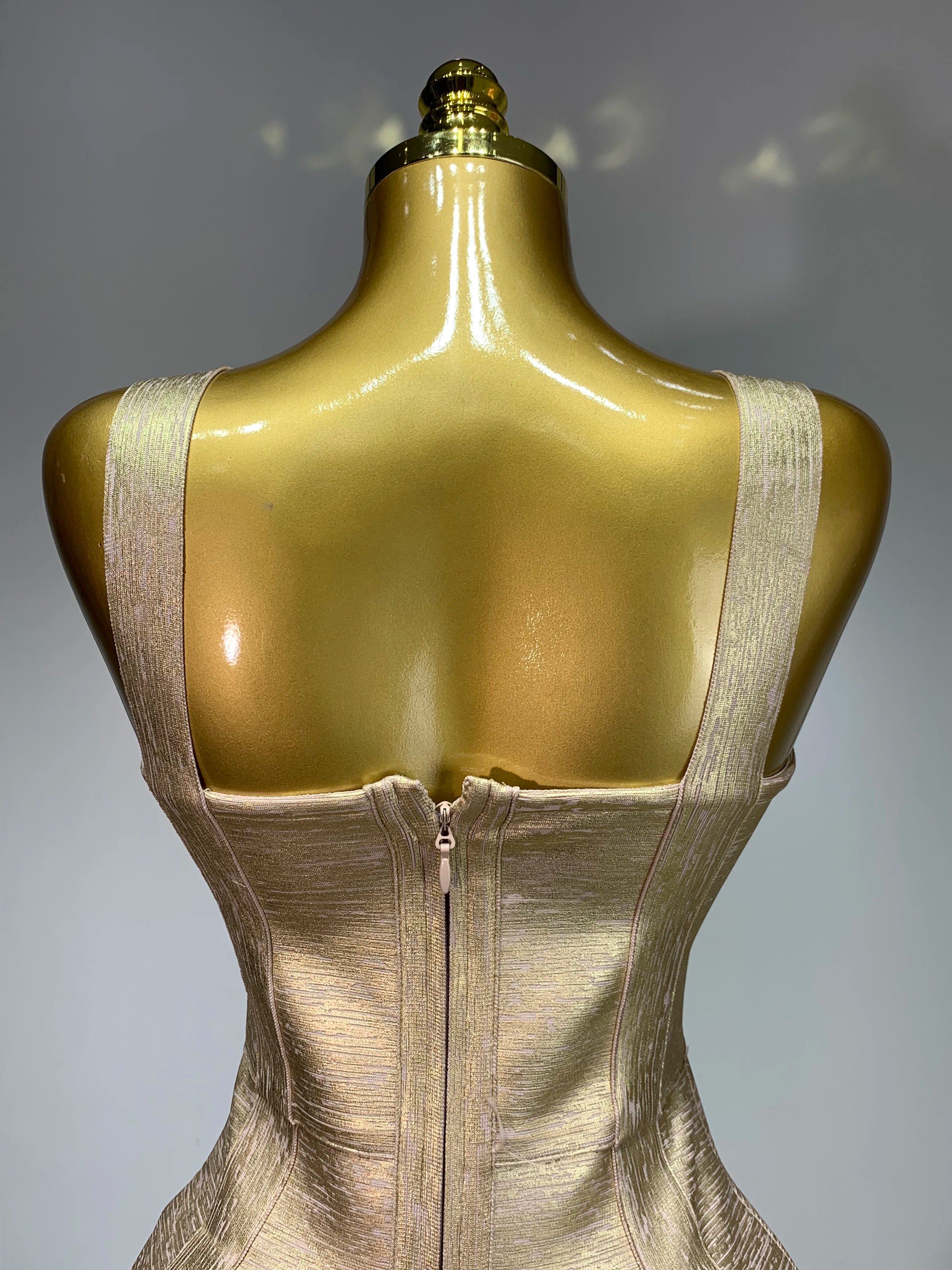 Women Sexy V Neck Bronzing Gold Midi Bodycon Bandage Dress 2025 Celebrity Elegant Evening Club Party Luxury Birthday Dress