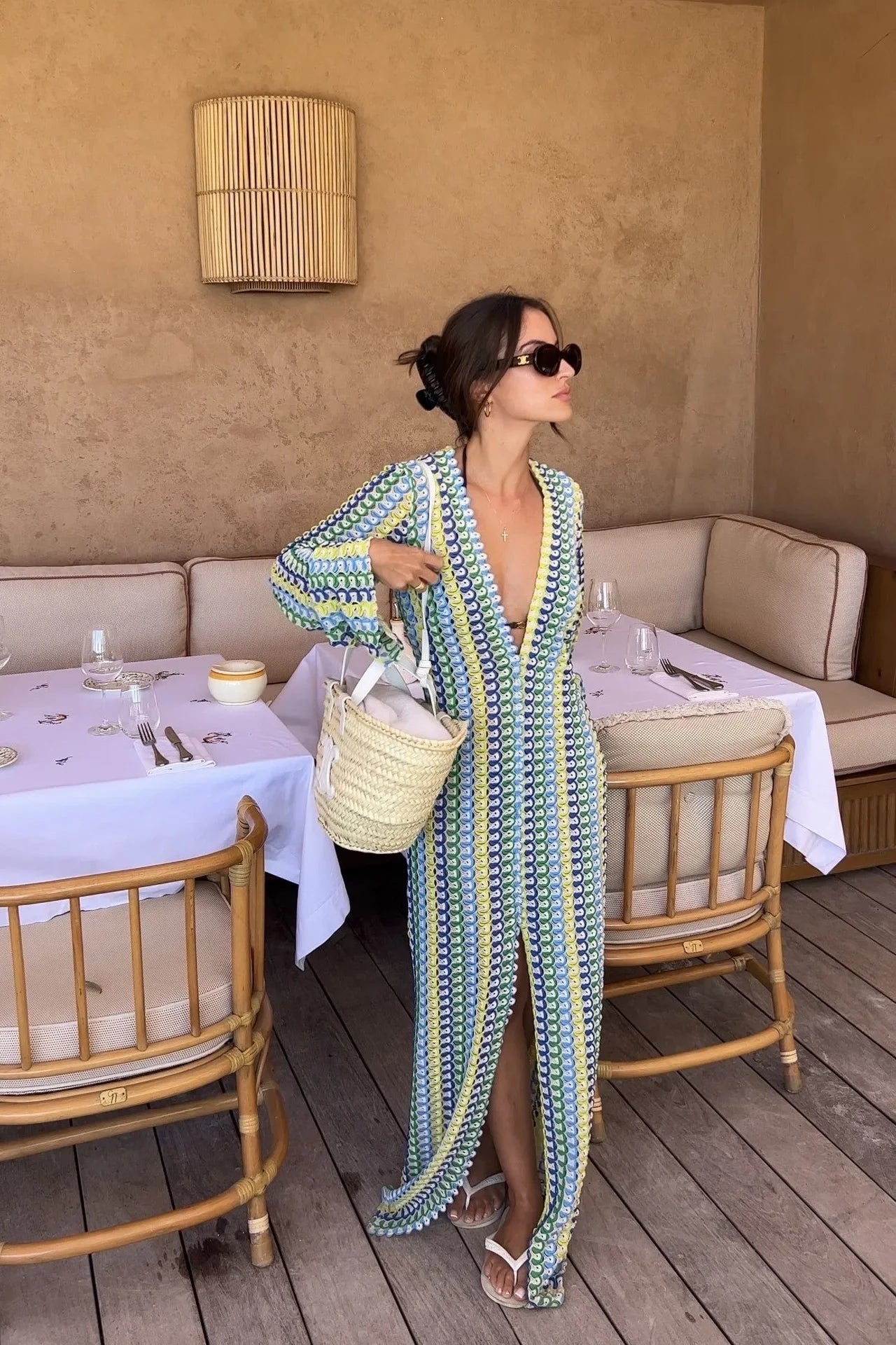 Crochet Colorful Stripe Maxi Dress Women Flare Sleeve V-neck High Split Sexy Long Dresses New Autumn Beach Banquet Vestidos