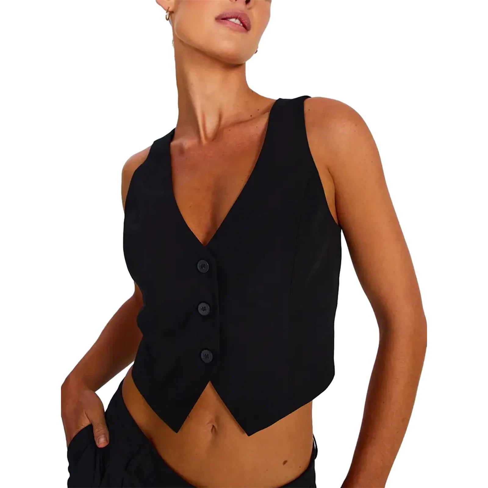Women Vest Sleeveless V Neck Button Vest Solid Color Outwear Gilet for Casual Daily 05- Black