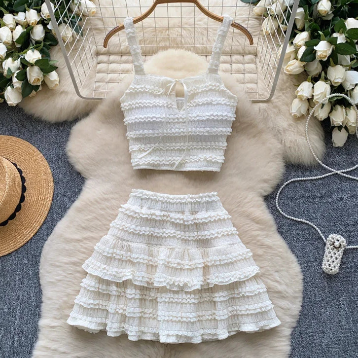 CM.YAYA Beach Boho Women's Set Strap Sleeveless Tank Top and Ruched Mini A-line Skirts Two 2 Piece Sets 2025 Summer Outfits