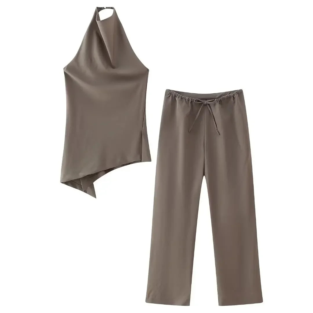Women Fashion Two Piece Set Brown Pleated Halter Neck Tops & Straight Pants Vintage Female Chic Lady Pants Suit Suits