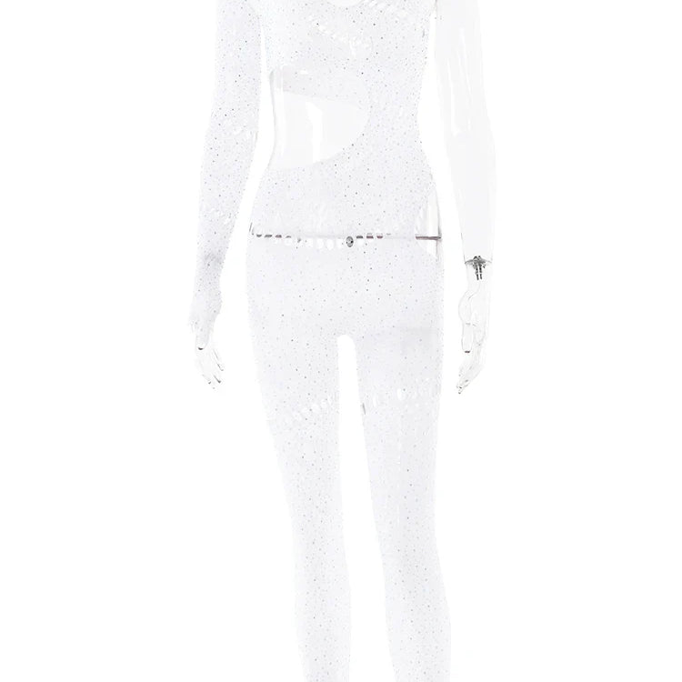 Sibybo Sexy Single Rotator Cuff Hollow Out High Elastic Jumpsuit Luminous Rhinestones Solid Color Trousers Spicy Girl Streetwear White One Size