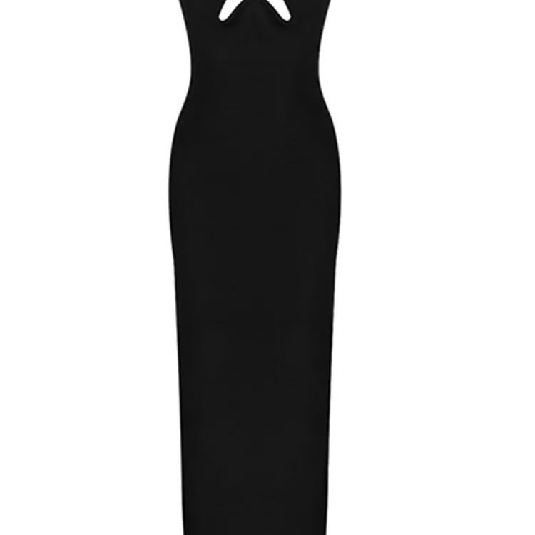 Vestido longo preto longo com alças e fenda, sexy, sem alças, justo, bandagem, elegante, para festa à noite, clube, inverno 2022