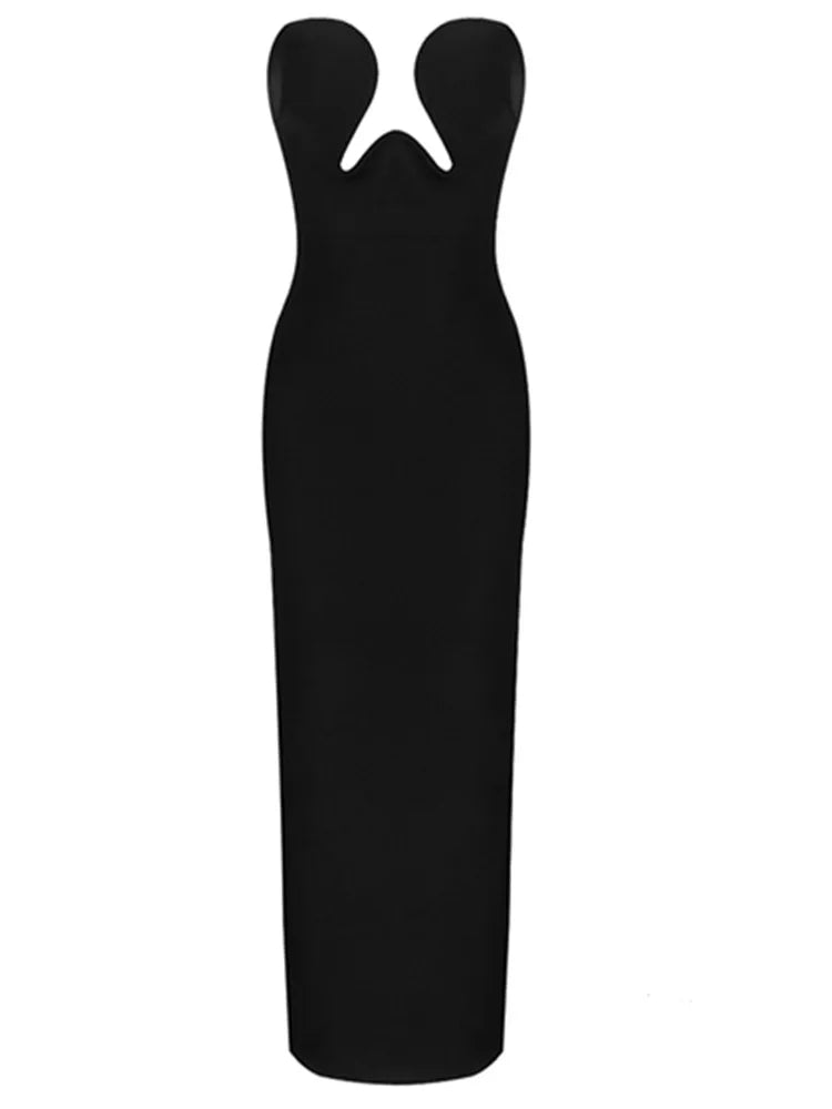 Vestido longo preto longo com alças e fenda, sexy, sem alças, justo, bandagem, elegante, para festa à noite, clube, inverno 2022