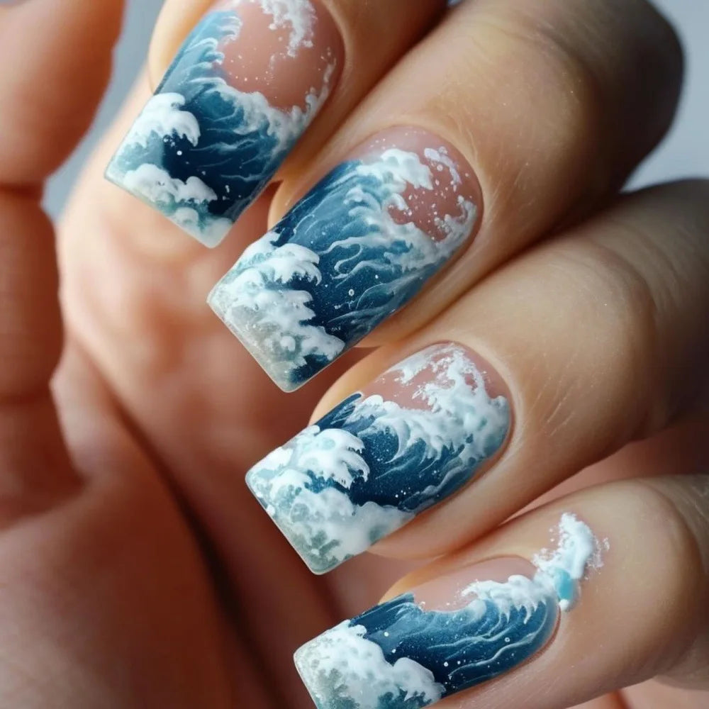 24Pcs Long Blue Fake Nails with Jelly Glue Full Cover Ocean Sunrise Press on Nails Detachable Acrylic Fashion Finished Manicure