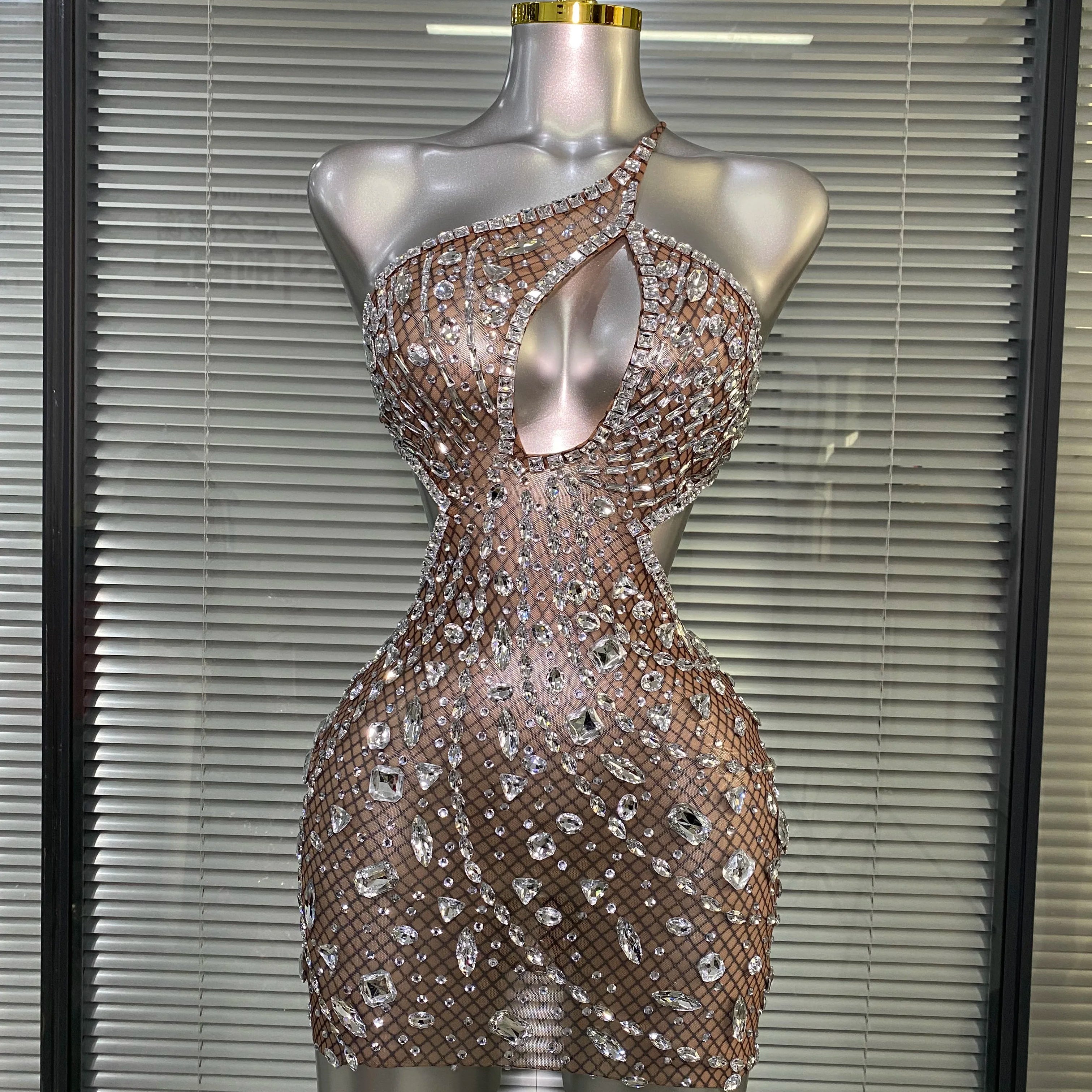 Women Sexy See Through Mesh One Shoulder Backless Brown Costume Stage Dancer Singer Fancy Night Club Mini Party Dress