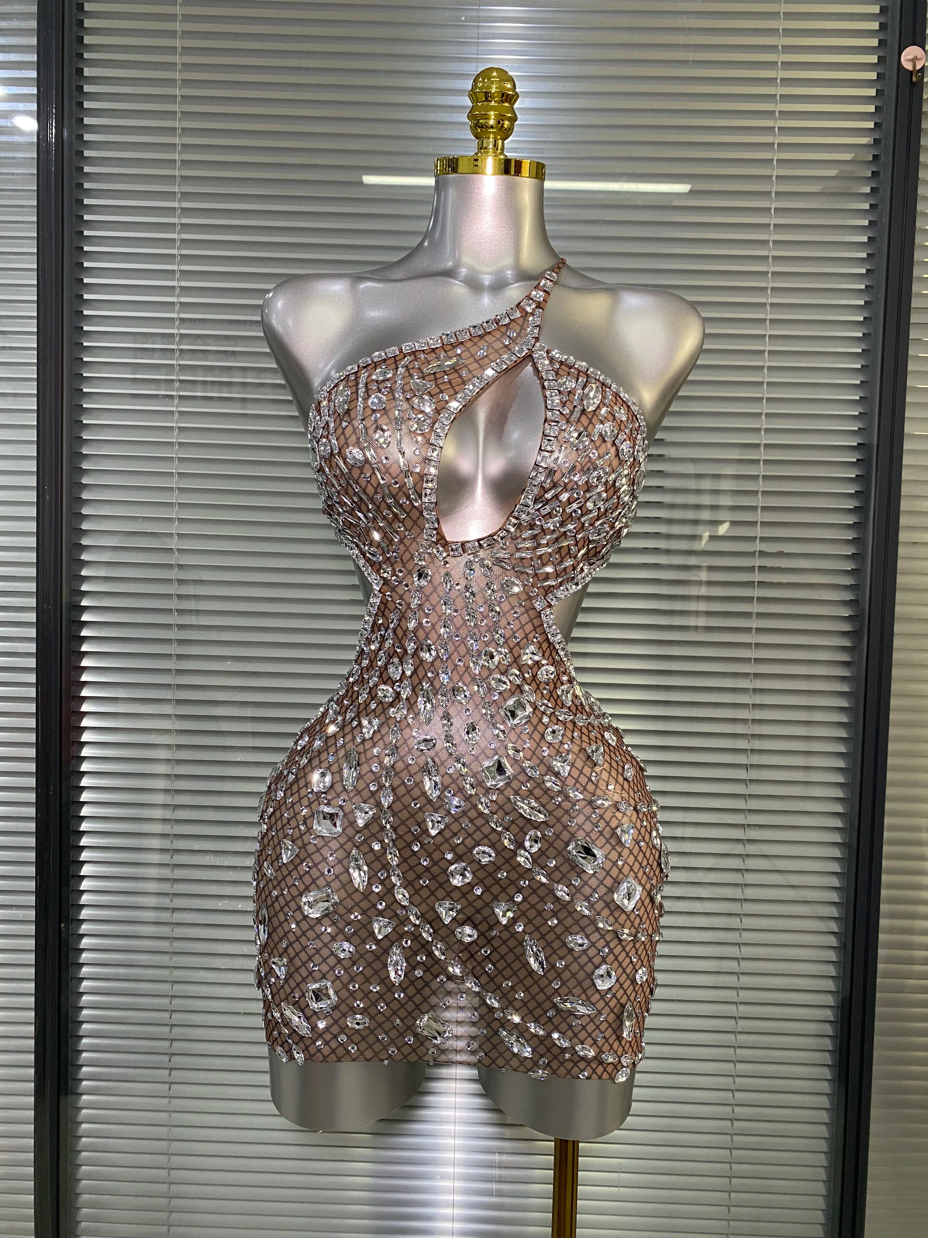 Women Sexy See Through Mesh One Shoulder Backless Brown Costume Stage Dancer Singer Fancy Night Club Mini Party Dress