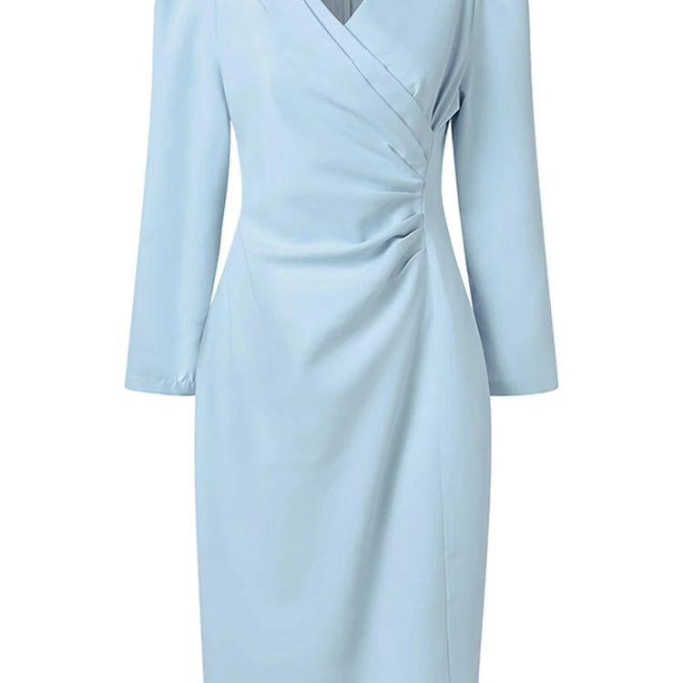 Fashion Bodycorn Dress Spring V-Neck Long Sleeve Sundress Solid Color Pleated Midi Robe Female Elegant Sexy Vestidos
