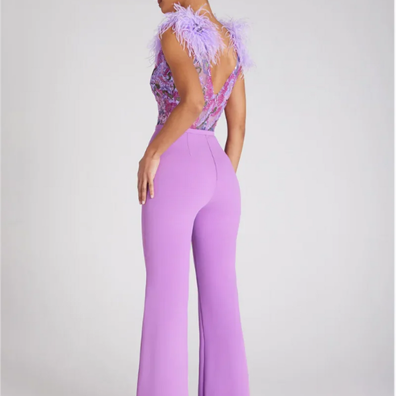 High Quality Gorgeous Feathers Shining Sequins Sexy V-Neck Sleeveless Violet Jumpsuit Graceful Woman Evening Party Outfit