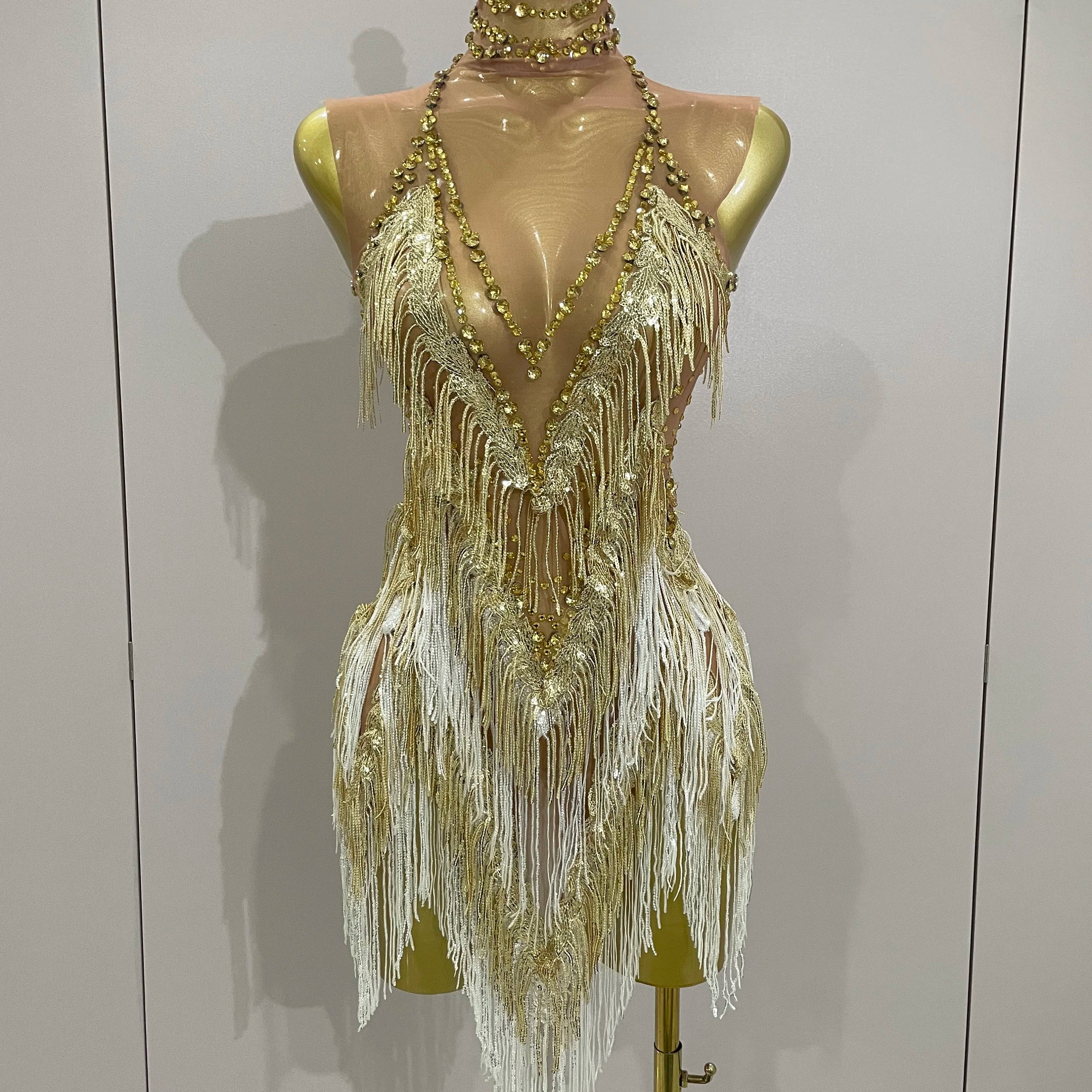 Stock 2025 Women Sexy Stretch Mesh Sparkly Rhinestone Tassels Mini Dress Nightclub Singer Dance Stage Costume Evening Gowns