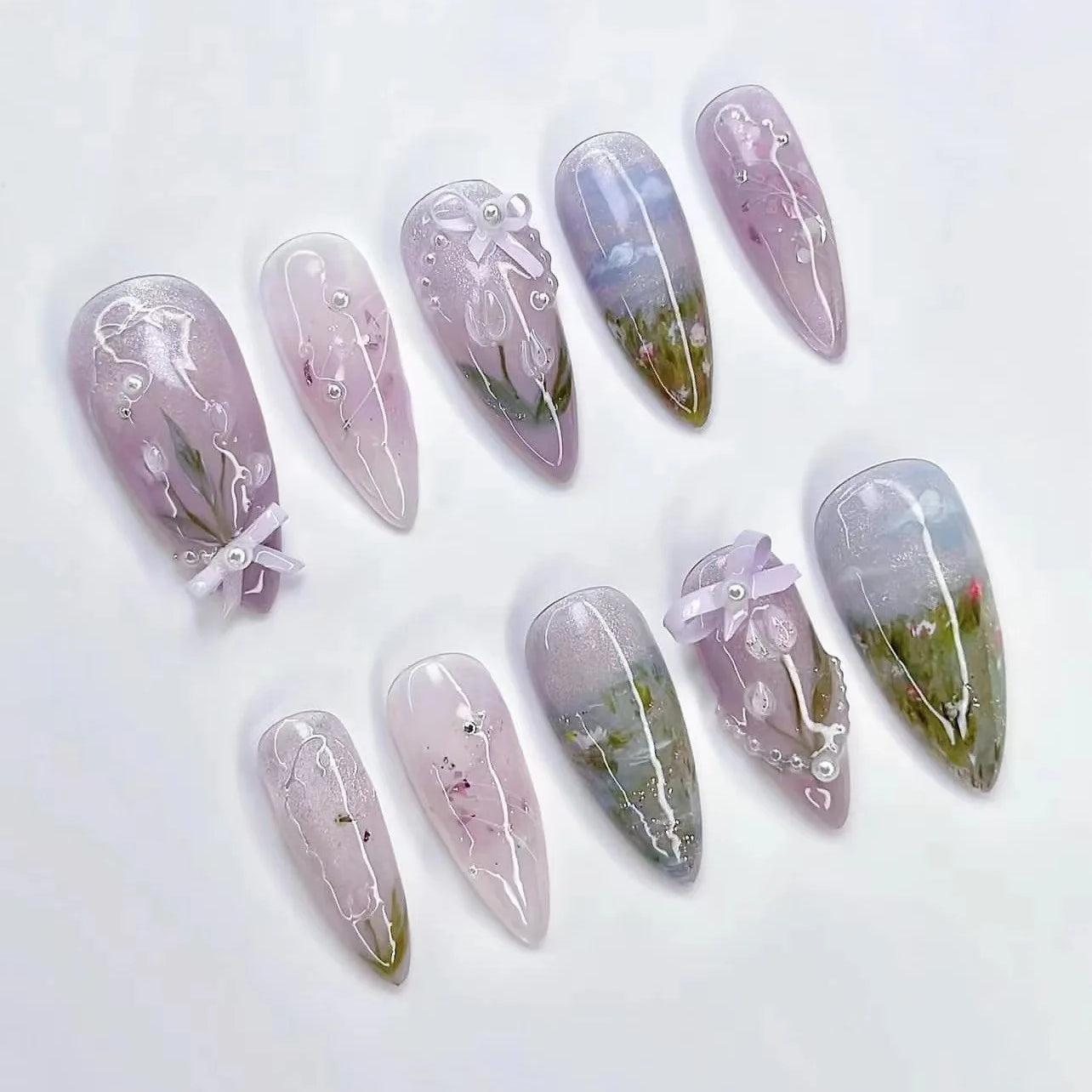 24Pcs Almond False Nails with Broken Diamond Fashion Green Flower Design Nail Art Tips Wearable Full Cover Press on Fake Nails