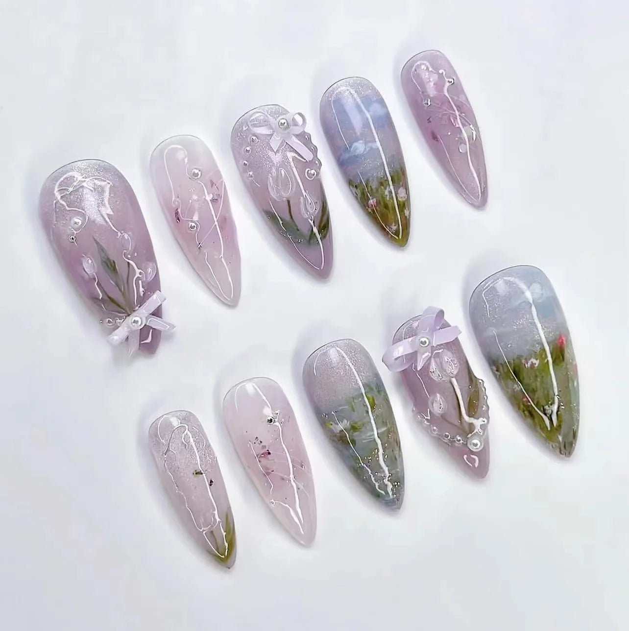 24Pcs Almond False Nails with Broken Diamond Fashion Green Flower Design Nail Art Tips Wearable Full Cover Press on Fake Nails