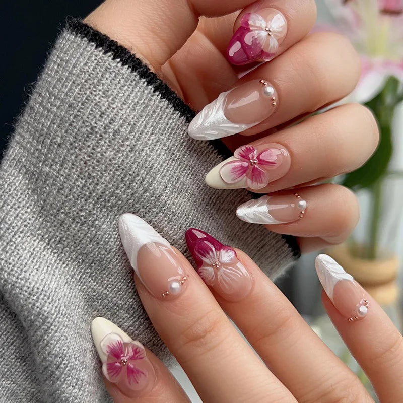 24Pcs 3D Shell Pattern Press on False Nails with Green Camellia Design Short Round Head Wearable Almond French Fake Nail Set