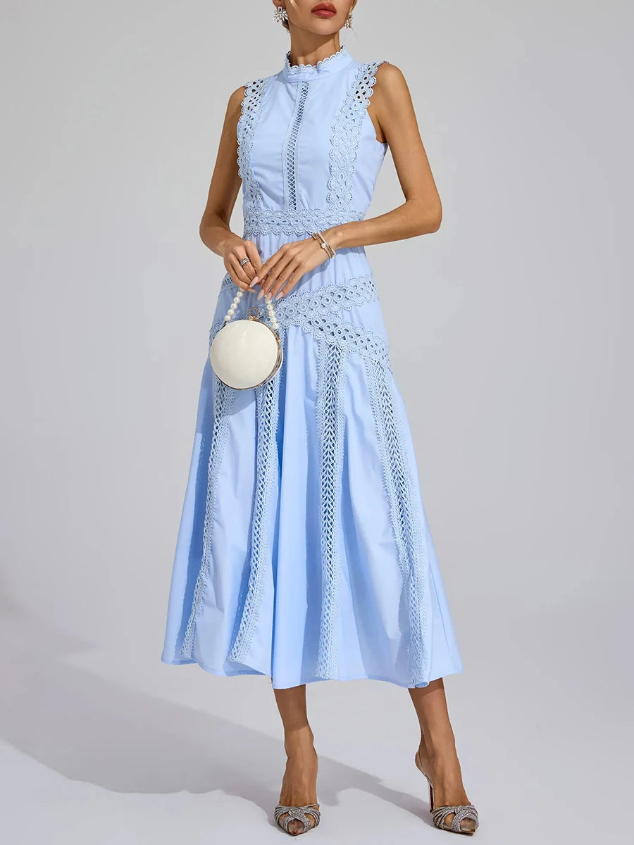 TWOTWINSTYLE Solid Slimming Spliced Hollow Out Dresses for Women Round Neck Sleeveless Patchwork Lace Dress Female Clothing New