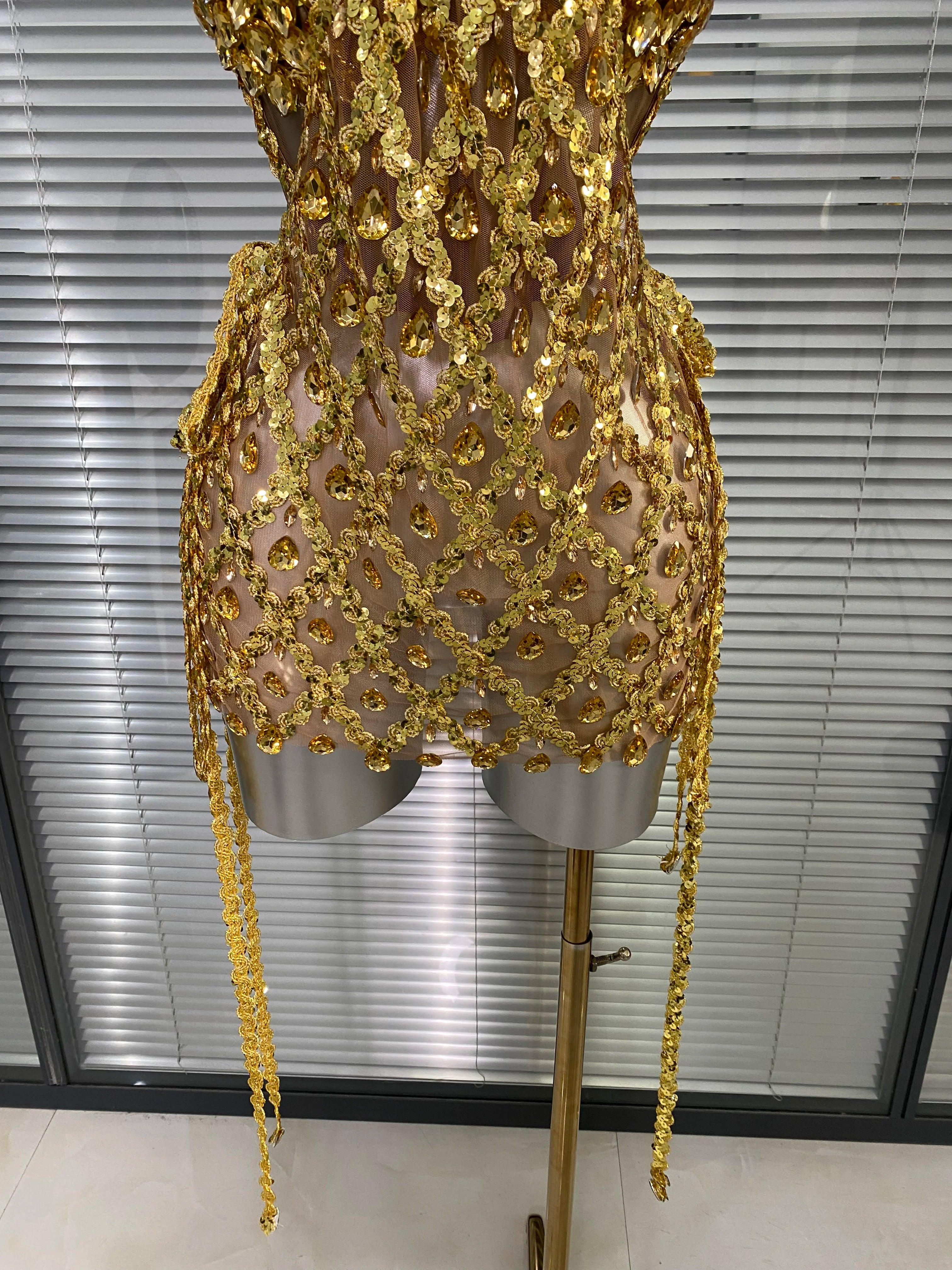 Women Sexy See Through Mesh Gold Pink Costume Stage Dancer Singer Night Club Celebrity 2 Pieces Set Mini Party Dress