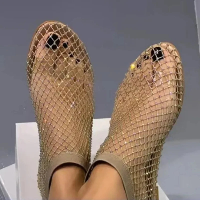 Women's Shoes Luxury Diamond Round Head Ladies Shoes Women's Sandals With Elastic Fishnet Socks Slippers