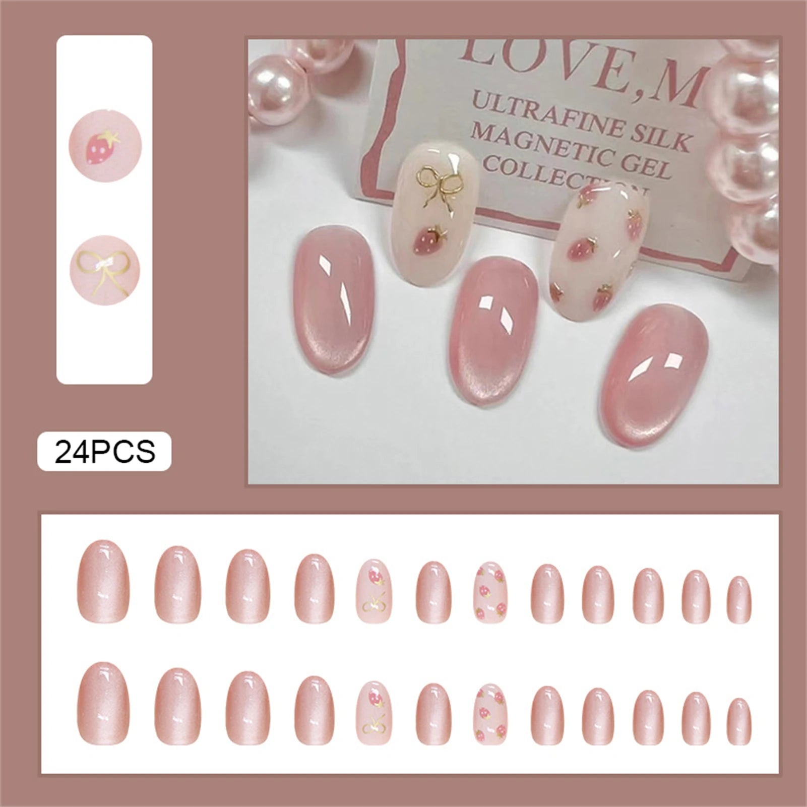24pcs Shiny Green Cat Eye False Nails Cute Seal Print Fake Nails Tips Wearable Reusable Glossy Short Round Press on Nails