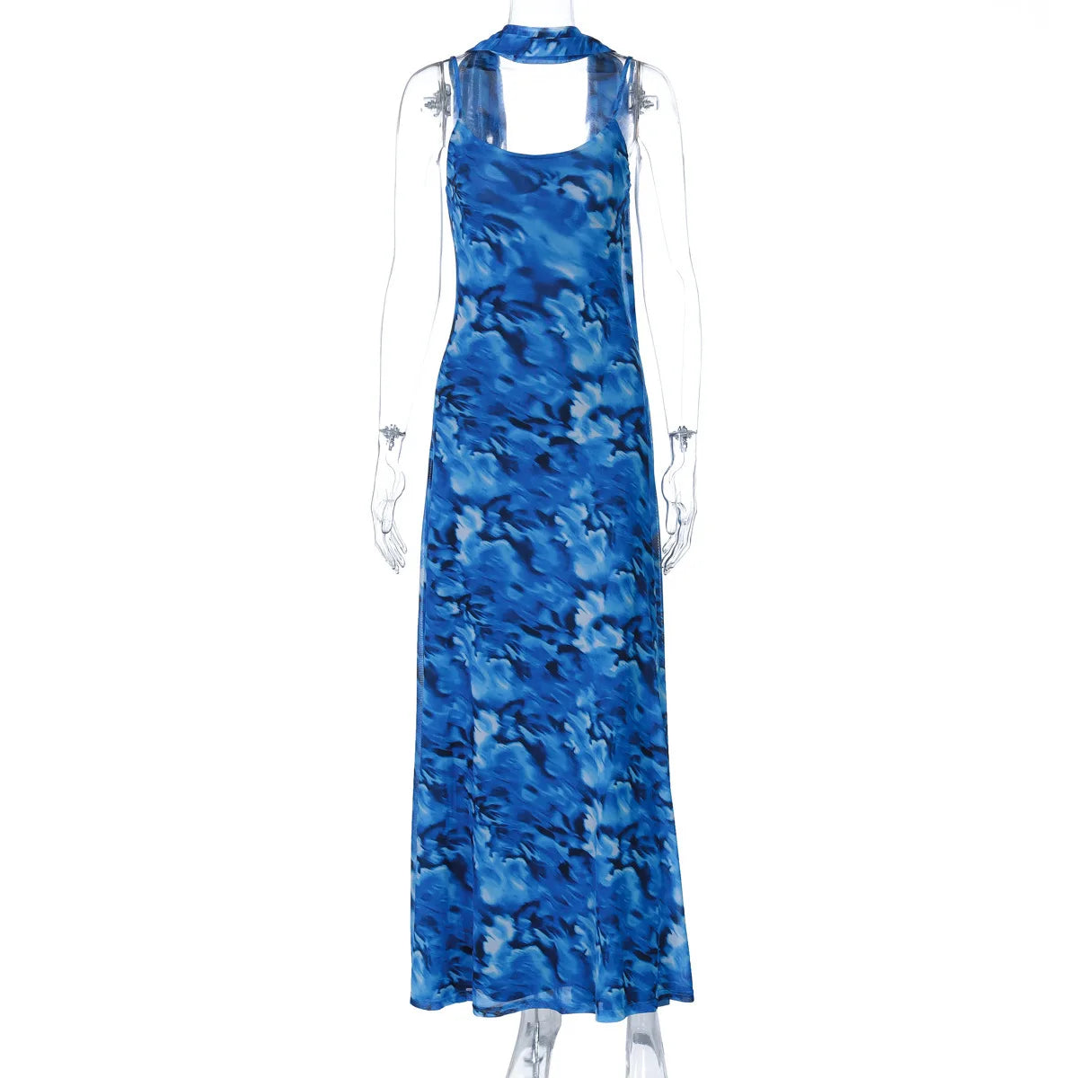 Halter Backless Print Sexy Maxi Dress For Women Gown Elegant Blue Printed Lace-up Sleeveless Evening Long Dress
