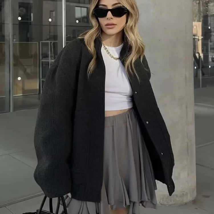 Women Fashion With Pockets Oversized Bomber Jacket Coat Vintage Long Sleeve Snap Button Female Outerwear Chic Tops