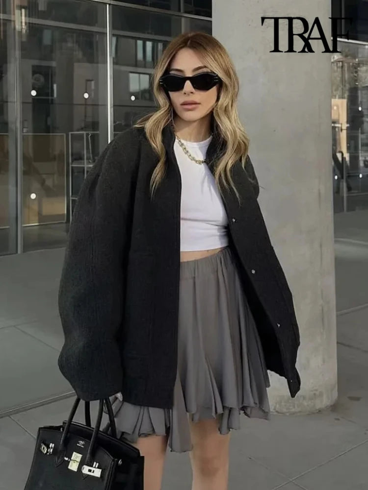 Women Fashion With Pockets Oversized Bomber Jacket Coat Vintage Long Sleeve Snap Button Female Outerwear Chic Tops